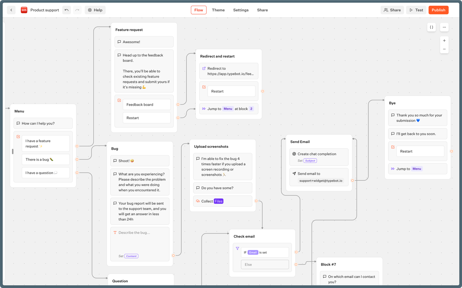 An example of a support bot being built in Typebot